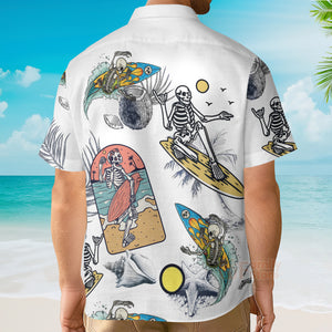 Skeleton Surfing Print Short Sleeve Button Down Shirt