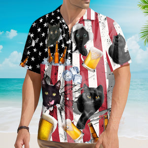 FamilyStore Beer And Black Cat American Flag Vintage - Hawaiian Shirt