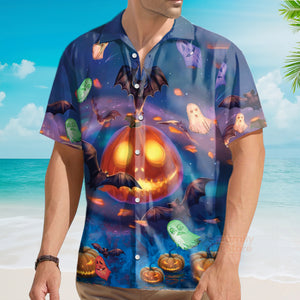 Halloween Glowing Pumpkins By Night With Bat - Hawaiian Shirt