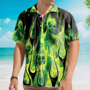 Casual Green Flame Skull Print Aloha Shirt