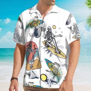 Skeleton Surfing Print Short Sleeve Button Down Shirt