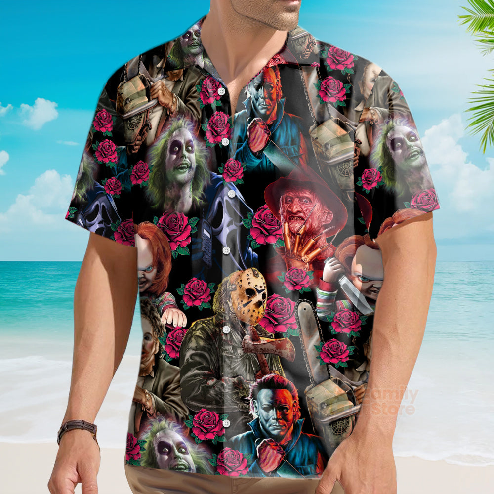 Horror Movie Characters Blood Scary Rose Pattern - Hawaiian Shirt