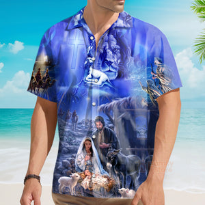 Lion With Jesus Was Born In Farm Blue Aloha Hawaiian Shirts