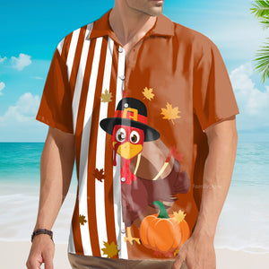 Thanksgiving Turkey Stripe Pattern Pumpkin Brown Hawaiian Shirt