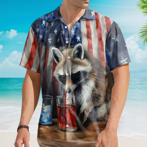 USA Flag Raccoon Chest Pocket Short Sleeve Casual Shirt Hawaiian Shirt