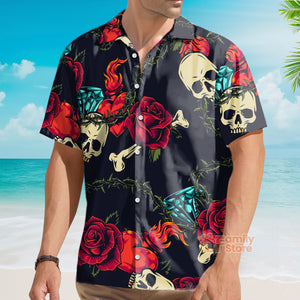 FamilyStore Vintage Black Skull Heart Rose Easy Care - Hawaiian Shirt