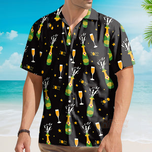 Happy New Year Champagne Bottle And Glass Lovely Pattern Hawaiian Shirt