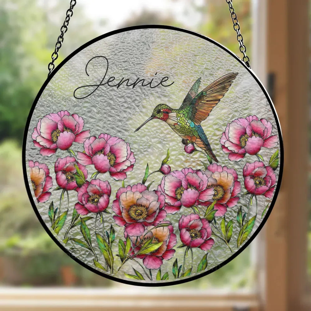 Humming Bird Memorial Custom Flower - Memorial Gift - Personalized Stained Glass Window Hanging Suncatcher PT