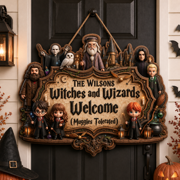 HaPo - Wizard And Witch Family Name Welcome Gift, Magical Home Decor - Personalized Wooden Sign