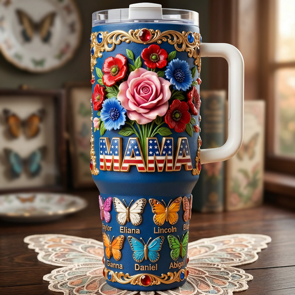 USA Mama Flower Butterfly - Personalized Tumbler - Gift For Mom, Grandma