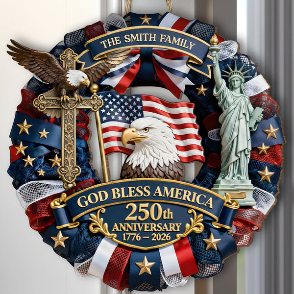 God Bless America - Personalized Wooden Door Sign - 250 Years Of Independence Day Gift For Family BA01
