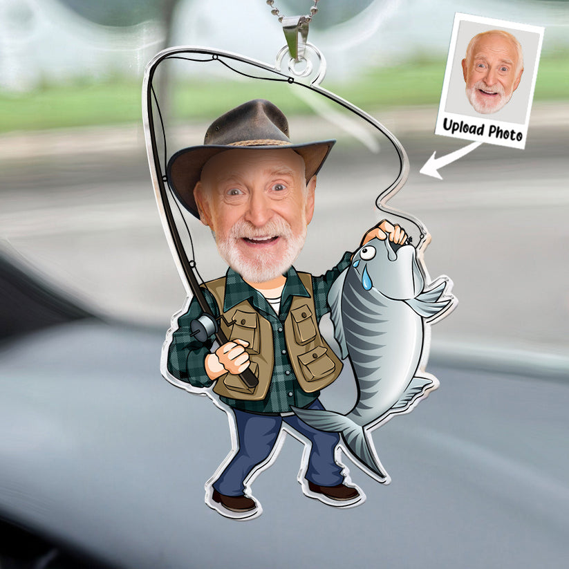 Custom Photo Fisherman Cartoon - Gift For Dad, Grandpa, Fishing Lovers - Personalized Car Hanging Ornament - NA94