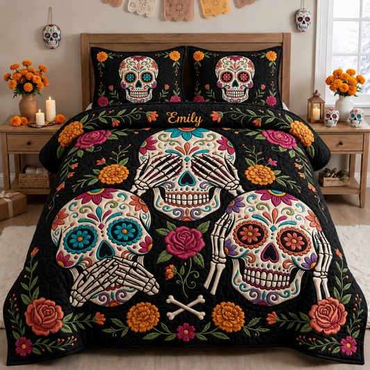 Colorful Sugar Skull Day of the Dead Floral Halloween Decor - Personalized Quilted Bedding Set