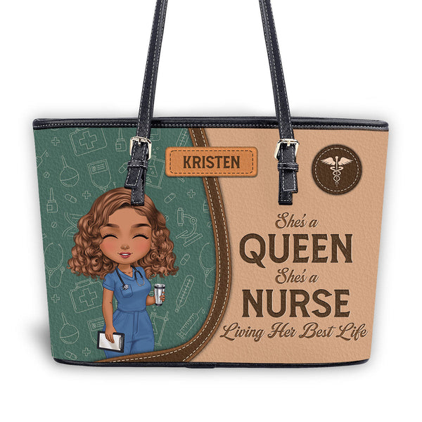 She Is A Nurse Queen - Personalized Leather Tote Bag - Gift For Nurse | NR4 HH01