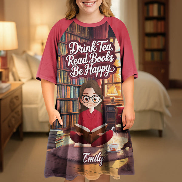 Drink Tea Read Books Be Happy - Personalized Sleep Tee | CLB2
