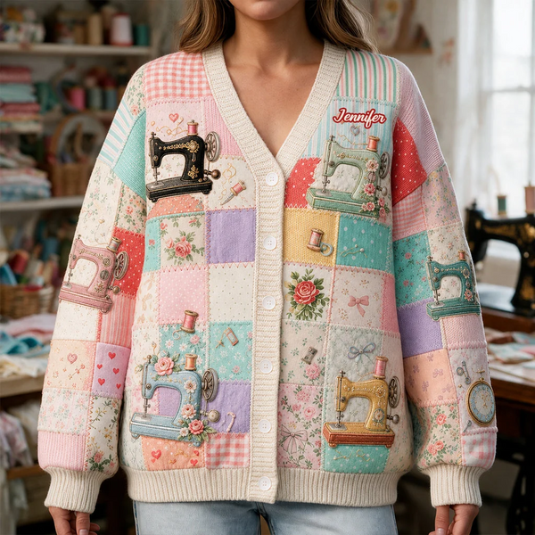 Just Loves Sewing Custom Name Gift For Her - Personalized Knitted Cardigan