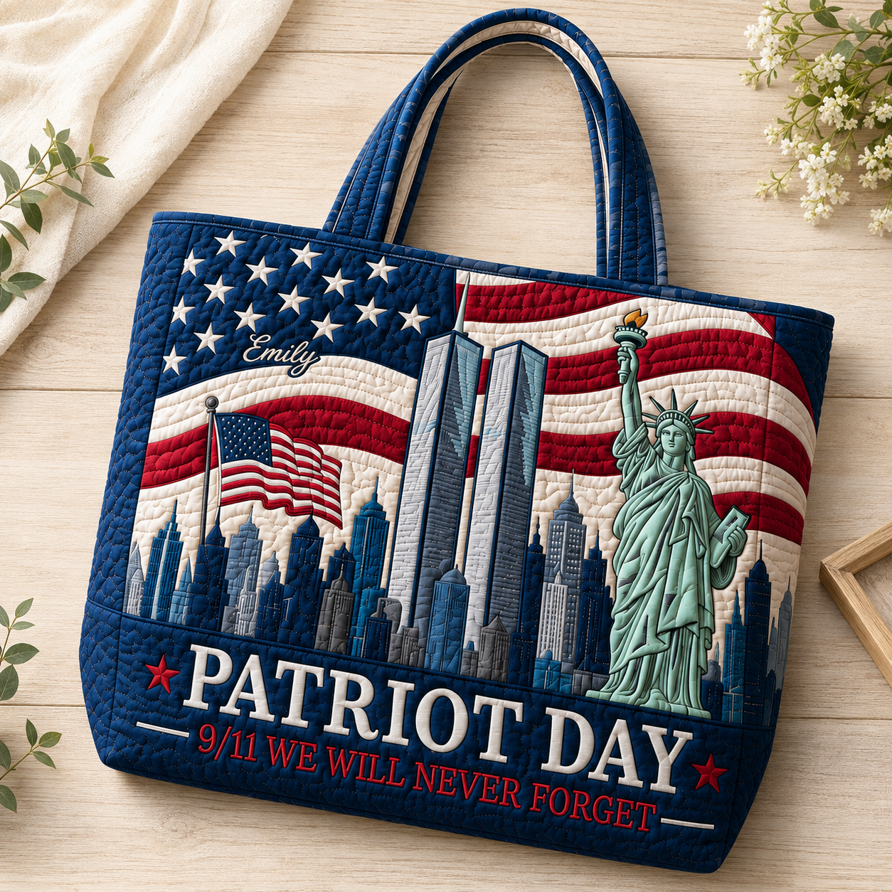 American Flag Patriot Day 9.11 We Will Never Forget - Personalized Quilted Tote Bag