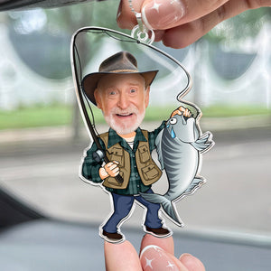 Custom Photo Fisherman Cartoon - Gift For Dad, Grandpa, Fishing Lovers - Personalized Car Hanging Ornament - NA94