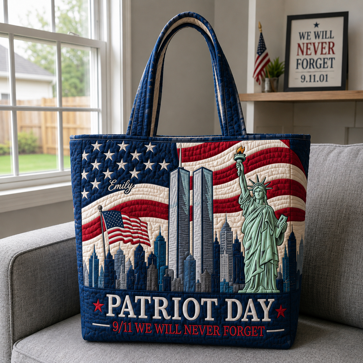 American Flag Patriot Day 9.11 We Will Never Forget - Personalized Quilted Tote Bag
