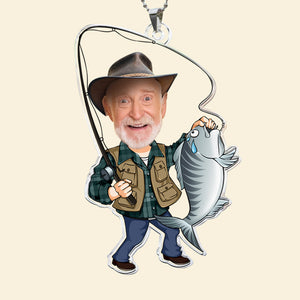 Custom Photo Fisherman Cartoon - Gift For Dad, Grandpa, Fishing Lovers - Personalized Car Hanging Ornament - NA94