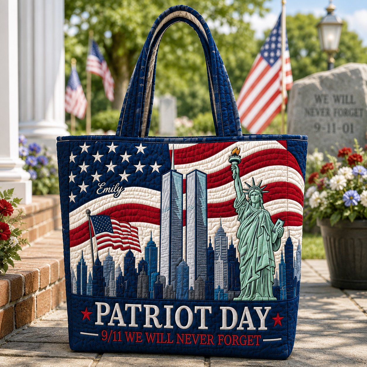 American Flag Patriot Day 9.11 We Will Never Forget - Personalized Quilted Tote Bag