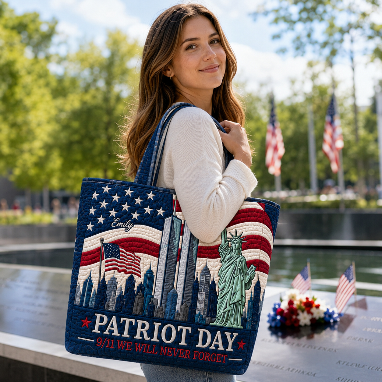 American Flag Patriot Day 9.11 We Will Never Forget - Personalized Quilted Tote Bag