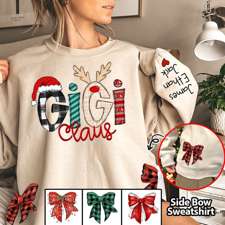 Custom Name Christmas Gigi Claus With Kids Name - Personalized  Coquette Bow Sweatshirt - Gift For Grandma, Mom - NH96