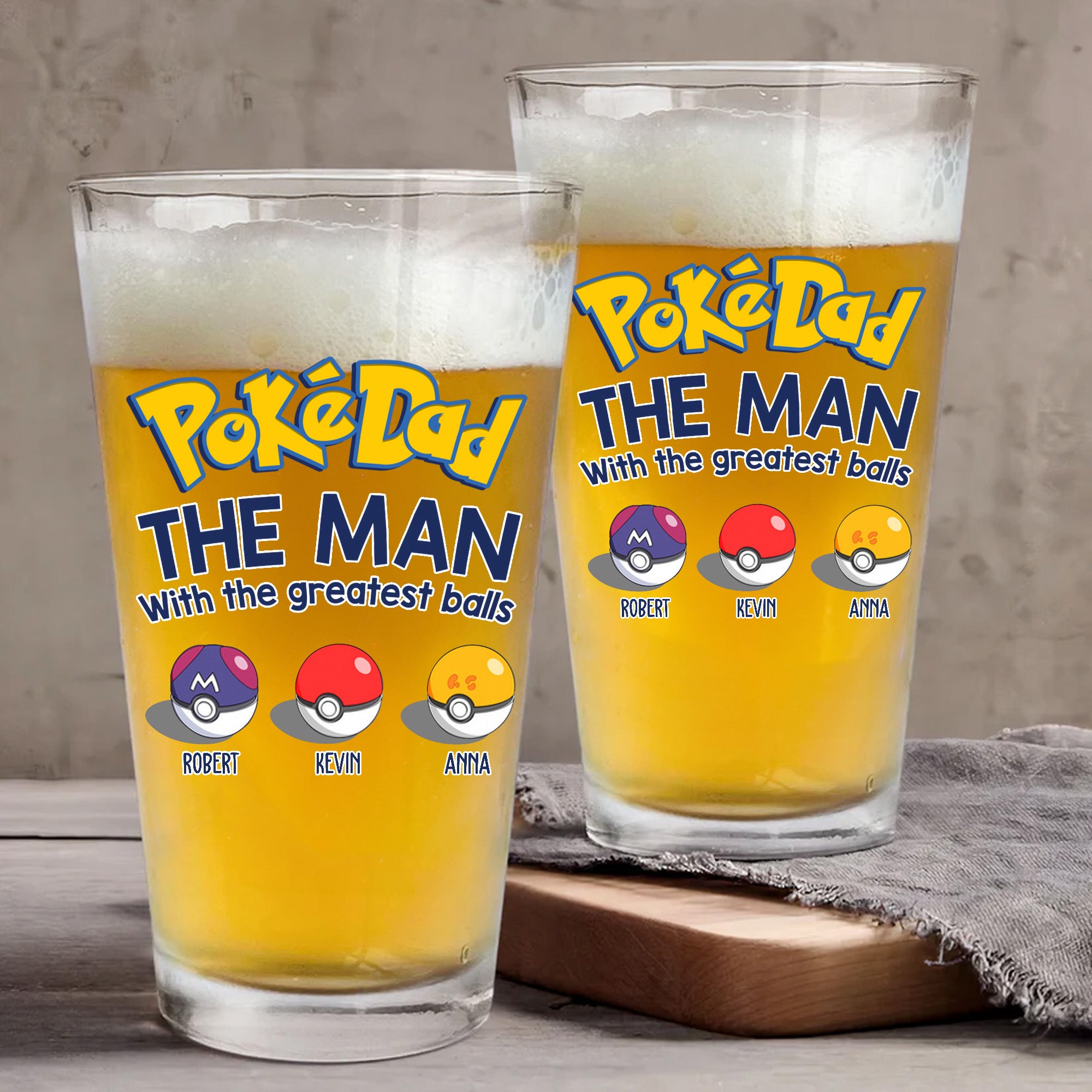 Pokedad The Man With The Greatest Balls - Gift For Father's Day - Personalized Beer Glass