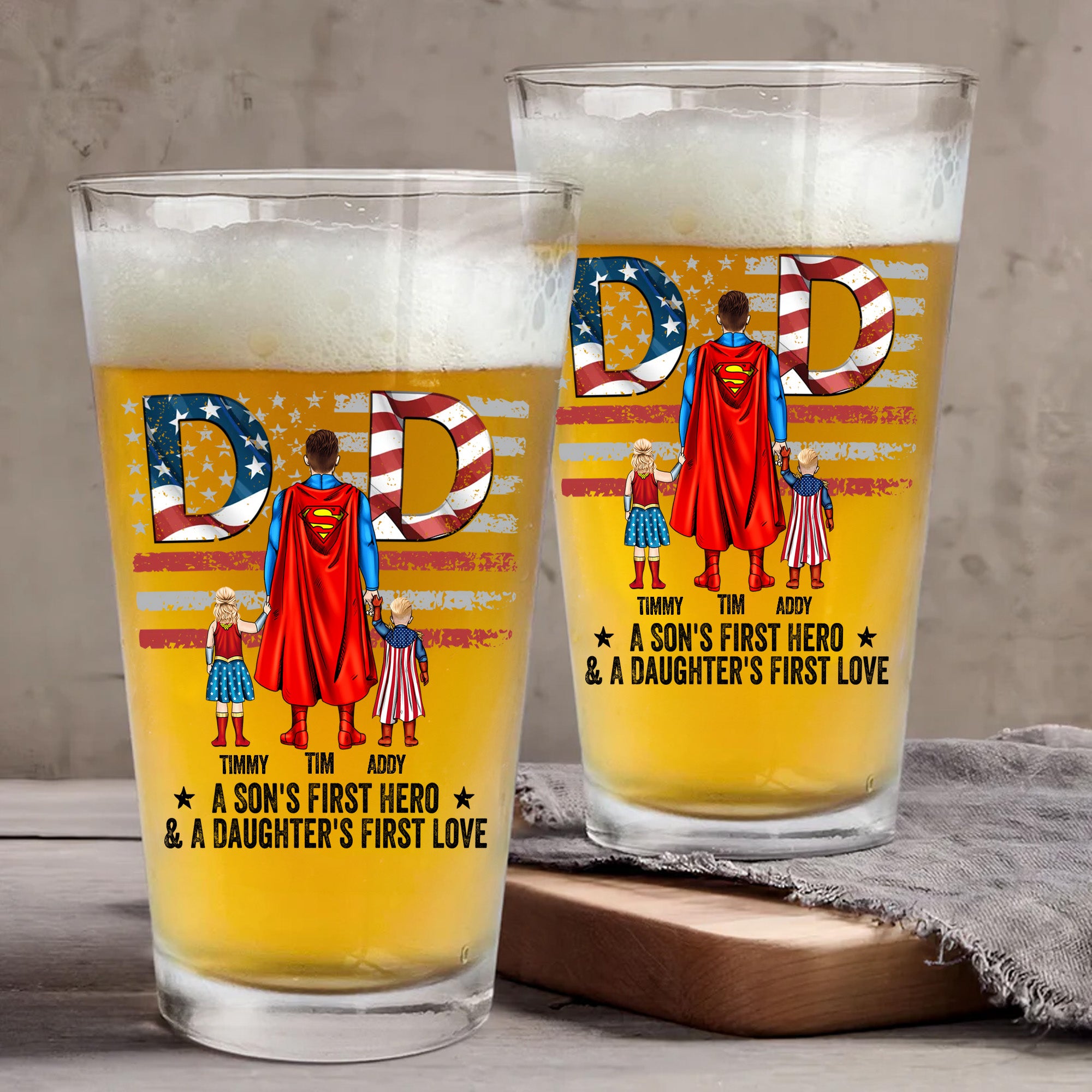 Dad, A Son's First Hero & A Daughter's First Love - Gift For Dad - Personalized Beer Glass