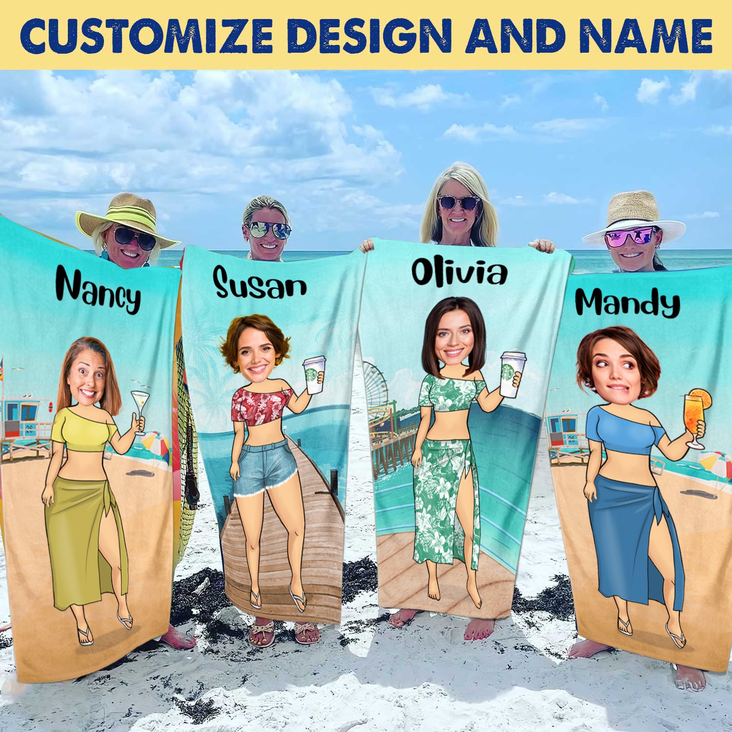 Custom Face Summer Chibi Beach Holiday - Gift For Friend, Family - Personalized Beach Towel