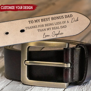 Thank You To My Best Bonus Dad - Gift For Father's Day - Personalized Engraved Leather Belt