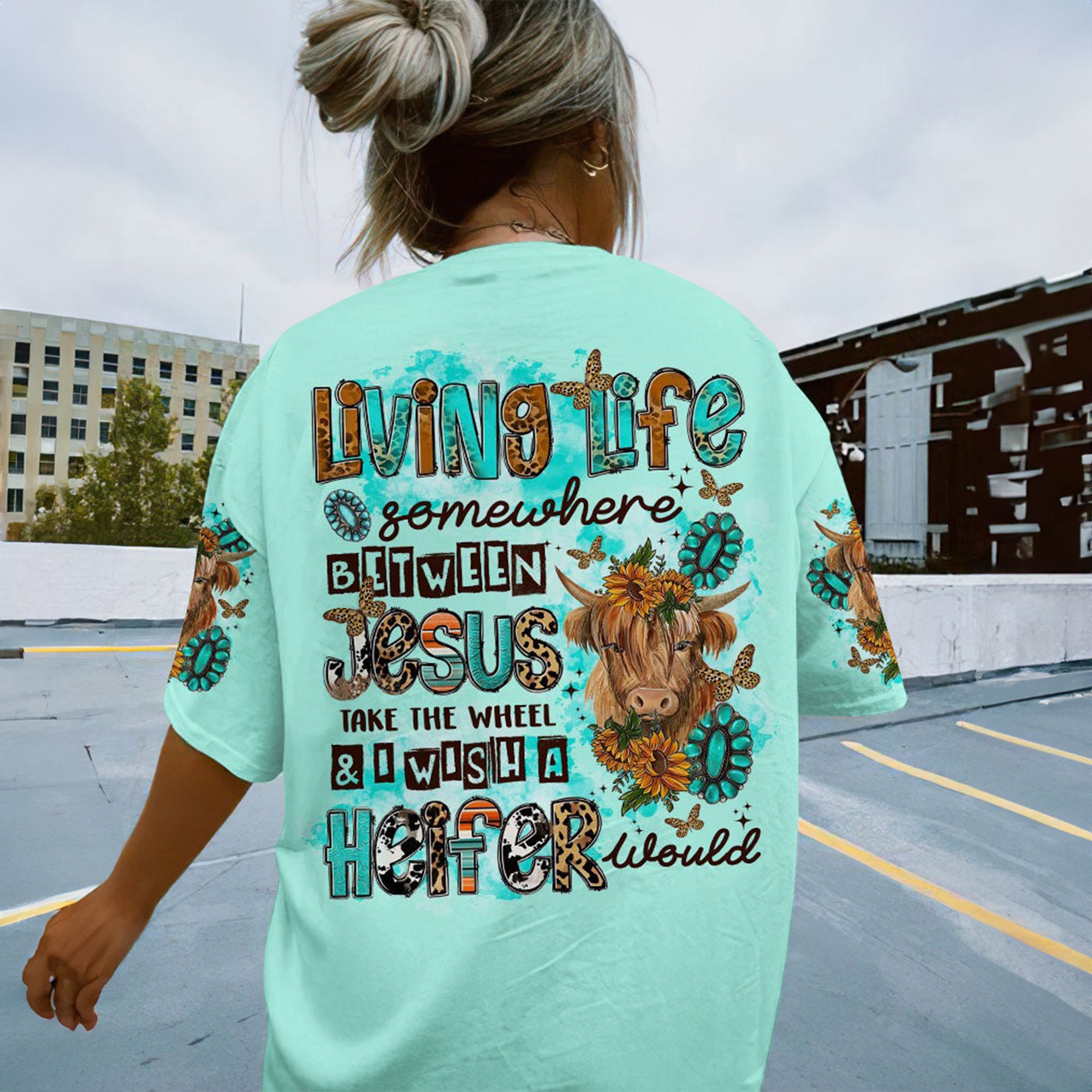 Living Life Somewhere Between Jesus Cow - Women's All Over Print Shirt - AT407001