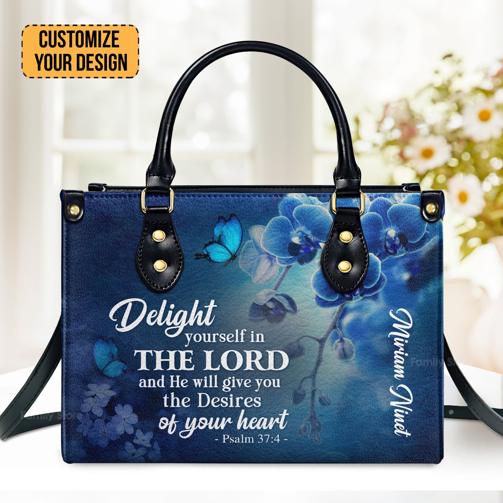 Delight Yourself In The Lord Psalm 374 Blue Orchids And Lilac - Thoughtful Gift For Christians - Personalized Leather Handbag With Handle - AT4080922