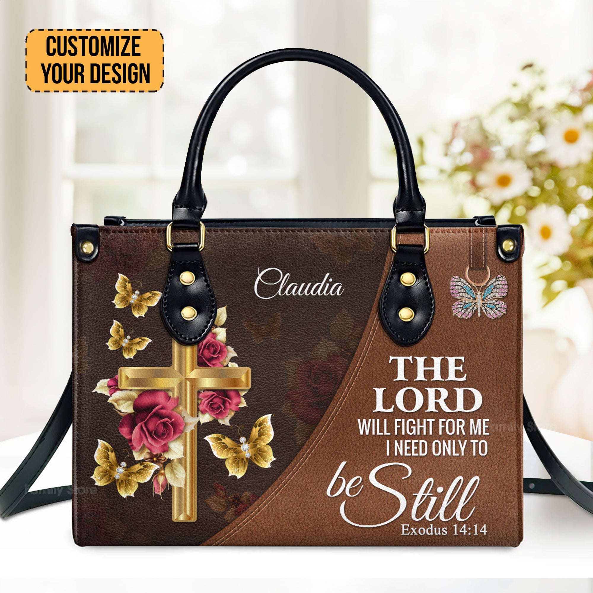 The Lord Will Fight For Me Floral Cross - Personalized Leather Handbag With Handle - AT4081438