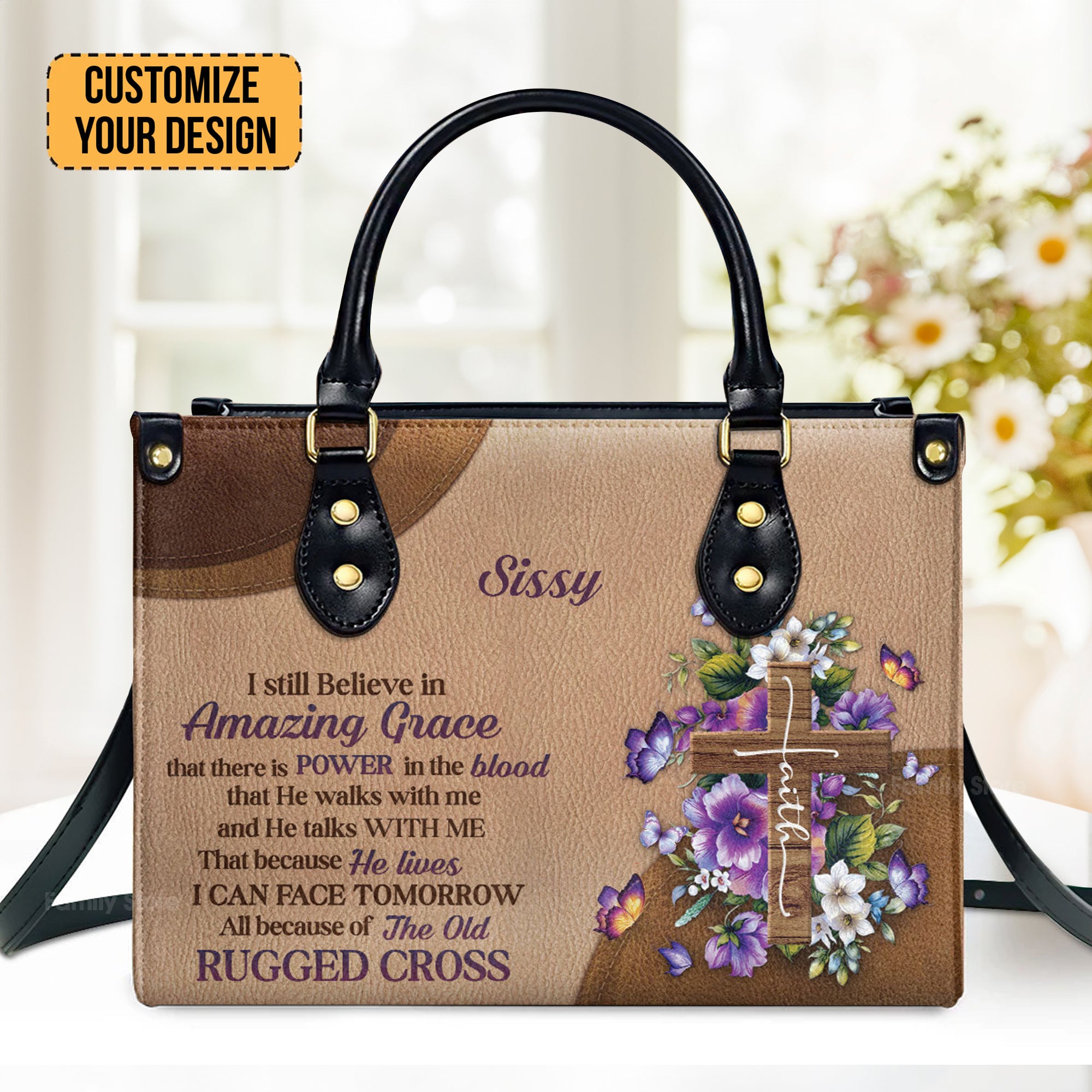 Stunning Floral Cross I Still Believe In Amazing Grace - Awesome Personalized Leather Handbag - AT4081433