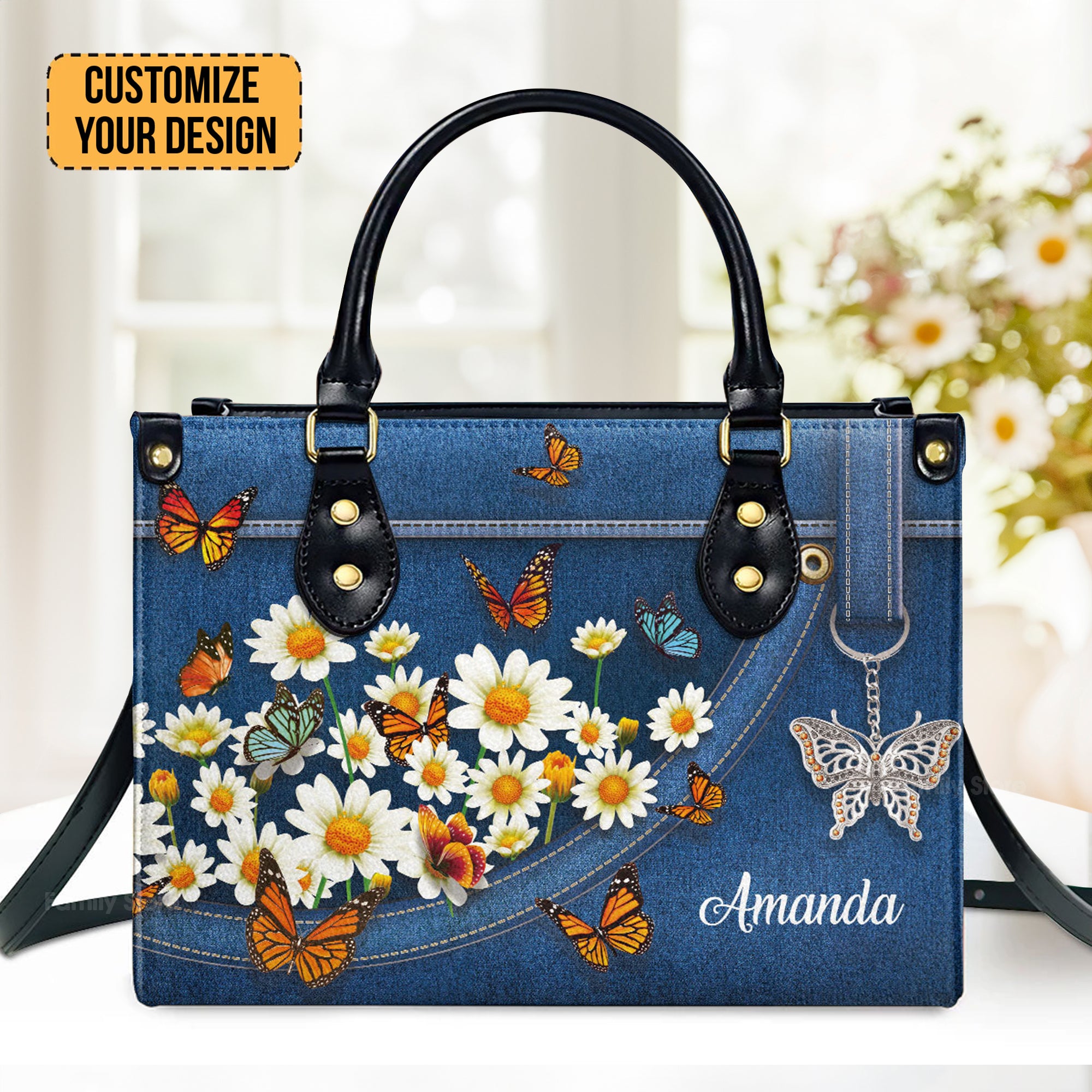 Stunning Daisy And Butterfly - Personalized Leather Handbag With Handle - AT4081432