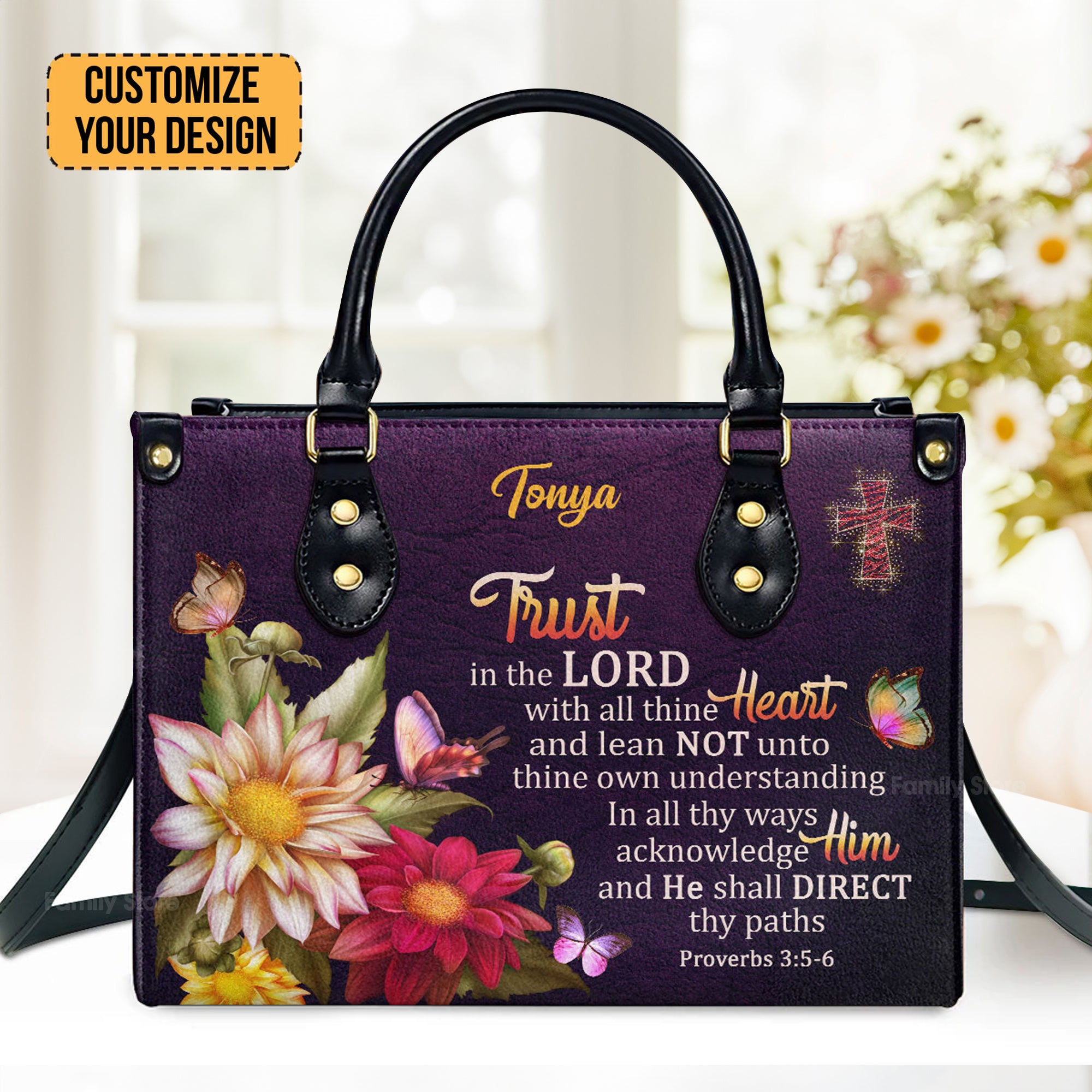 Proverbs 35-6 Trust In The Lord With All Thine Heart Flower And Cross - Scripture Gifts For Women Of God - Personalized Leather Handbag With Handle - AT4081310