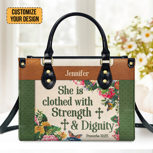 Stunning Flower She Is Clothed With Strength And Dignity - Scripture Gifts For Women Of God - Personalized Leather Handbag With Handle - AT4081434