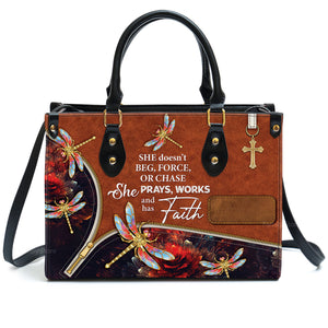 She Prays, Works, And Has Faith Pretty Dragonfly - Unique Personalized Leather Handbag - AT4081413