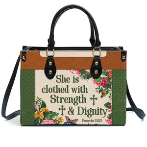 Stunning Flower She Is Clothed With Strength And Dignity - Scripture Gifts For Women Of God - Personalized Leather Handbag With Handle - AT4081434