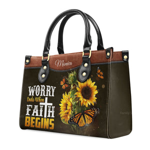 Worry Ends When Faith Begins Lovely Butterfly - Thoughtful Gift For Christians - Personalized Leather Handbag With Handle - AT4081465