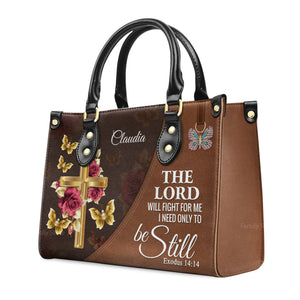 The Lord Will Fight For Me Floral Cross - Personalized Leather Handbag With Handle - AT4081438