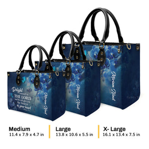 Delight Yourself In The Lord Psalm 374 Blue Orchids And Lilac - Thoughtful Gift For Christians - Personalized Leather Handbag With Handle - AT4080922