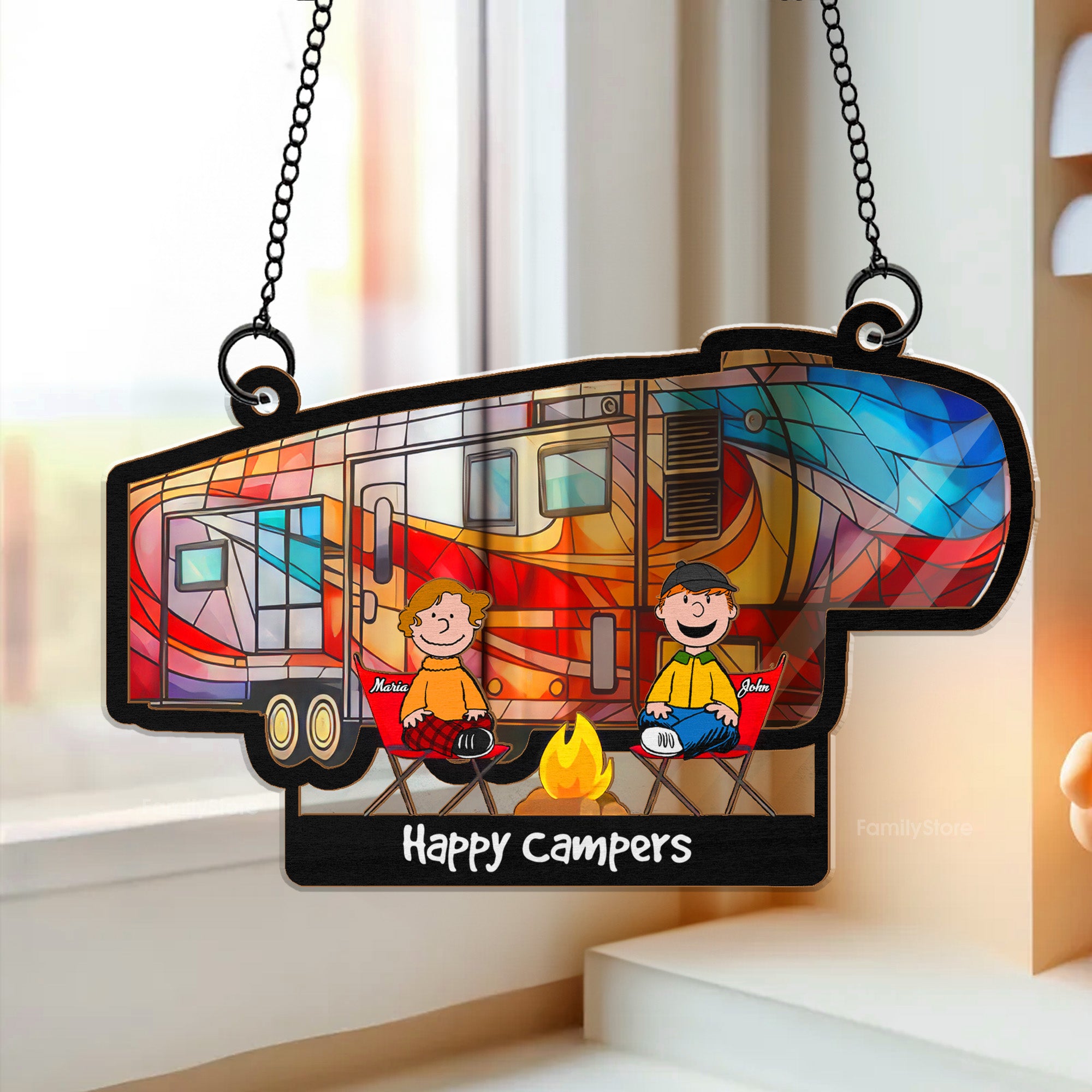 Happy Camping Couple Peanuts - Personalized Suncatcher Ornament - Gift For Couple, Husband Wife, Anniversary, Camping Lovers | GR11 NH96