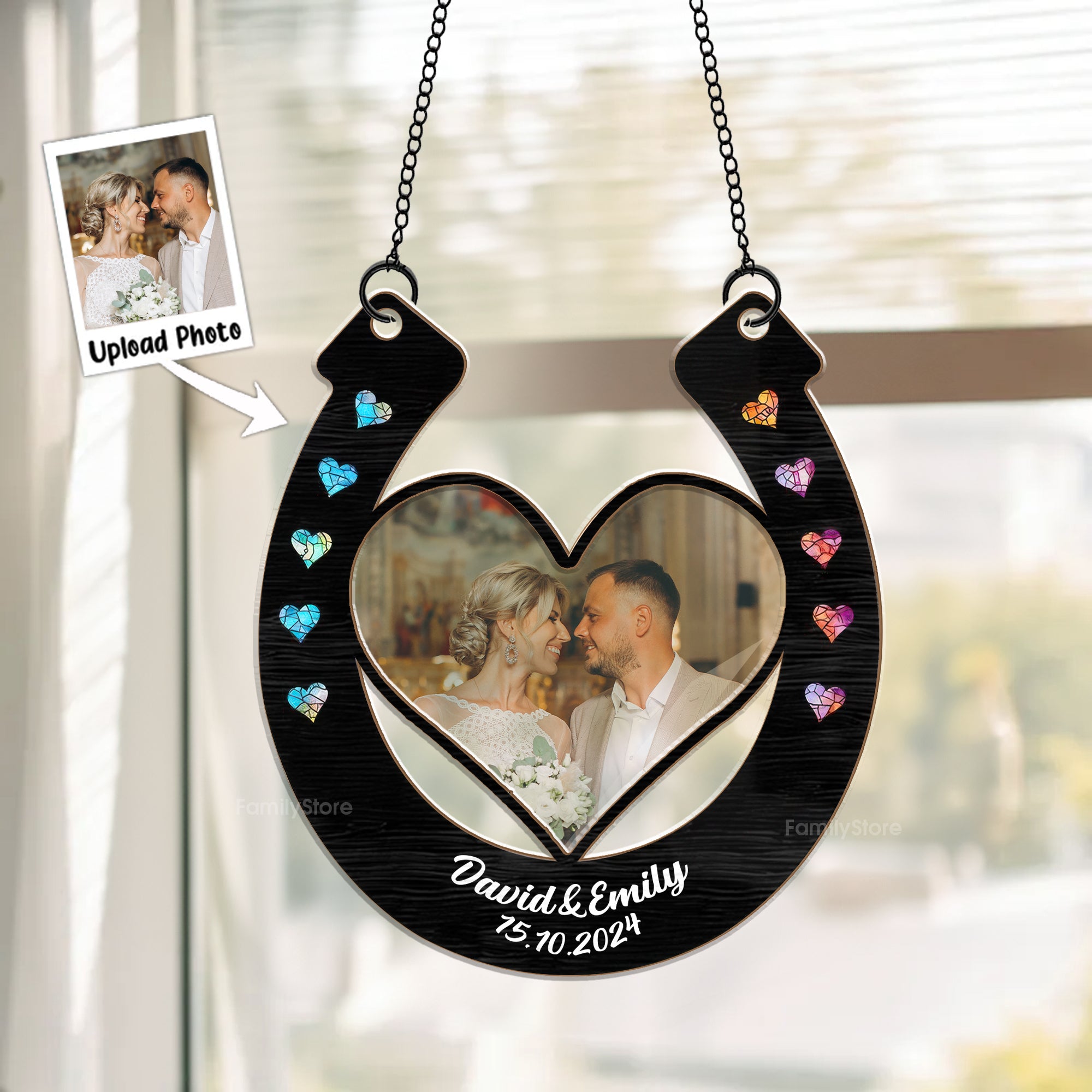 Custom Photo Good Luck Wedding Horseshoe - Gift For Couple - Personalized Window Hanging Suncatcher Ornament NH96