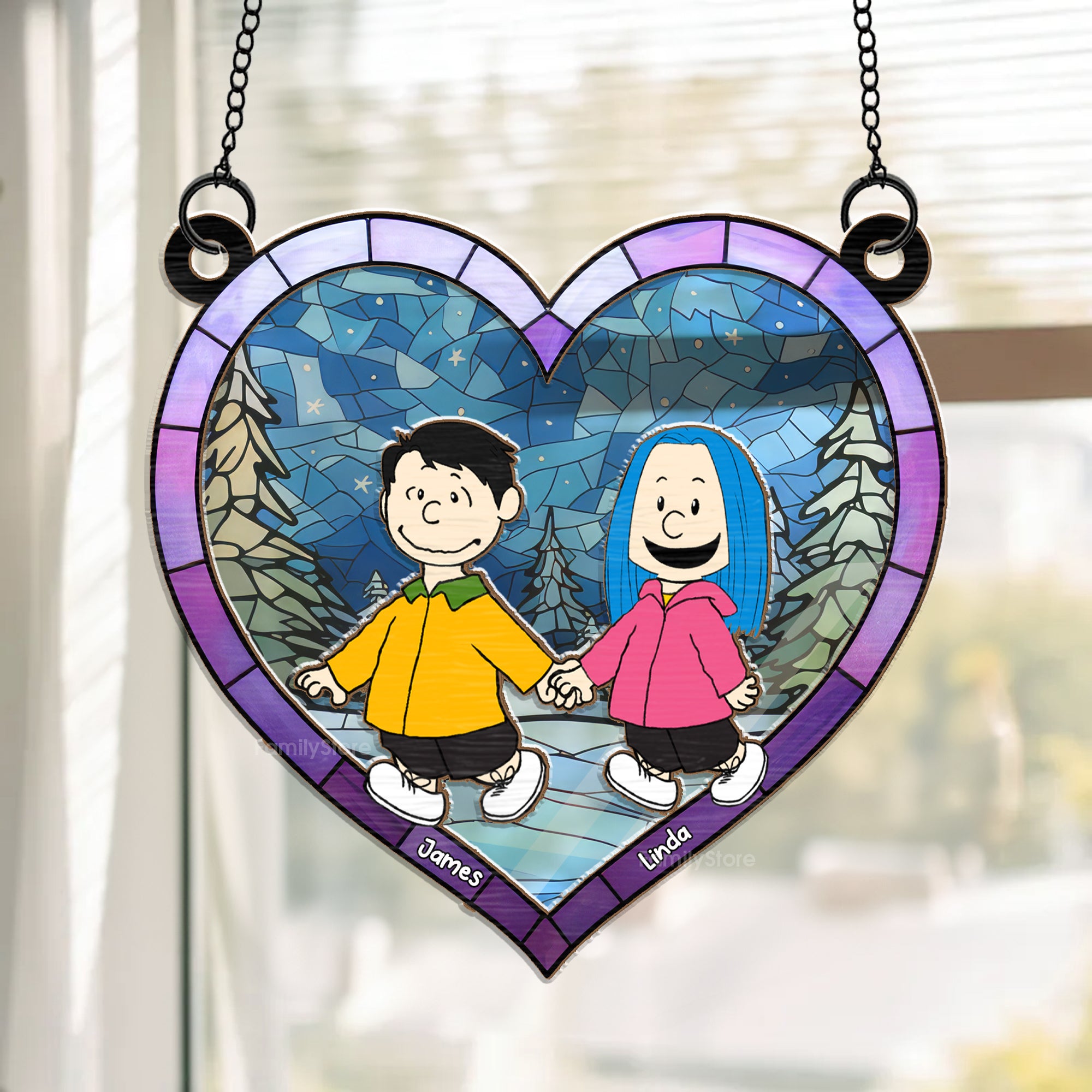 Hand In Hand Love Keepsake Peanuts - Personalized  Window Hanging Suncatcher Ornament - Gift For Couple, Husband Wife, Anniversary, Engagement, Wedding, Marriage Gift - CL48 NH96