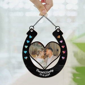 Custom Photo Good Luck Wedding Horseshoe - Gift For Couple - Personalized Window Hanging Suncatcher Ornament NH96