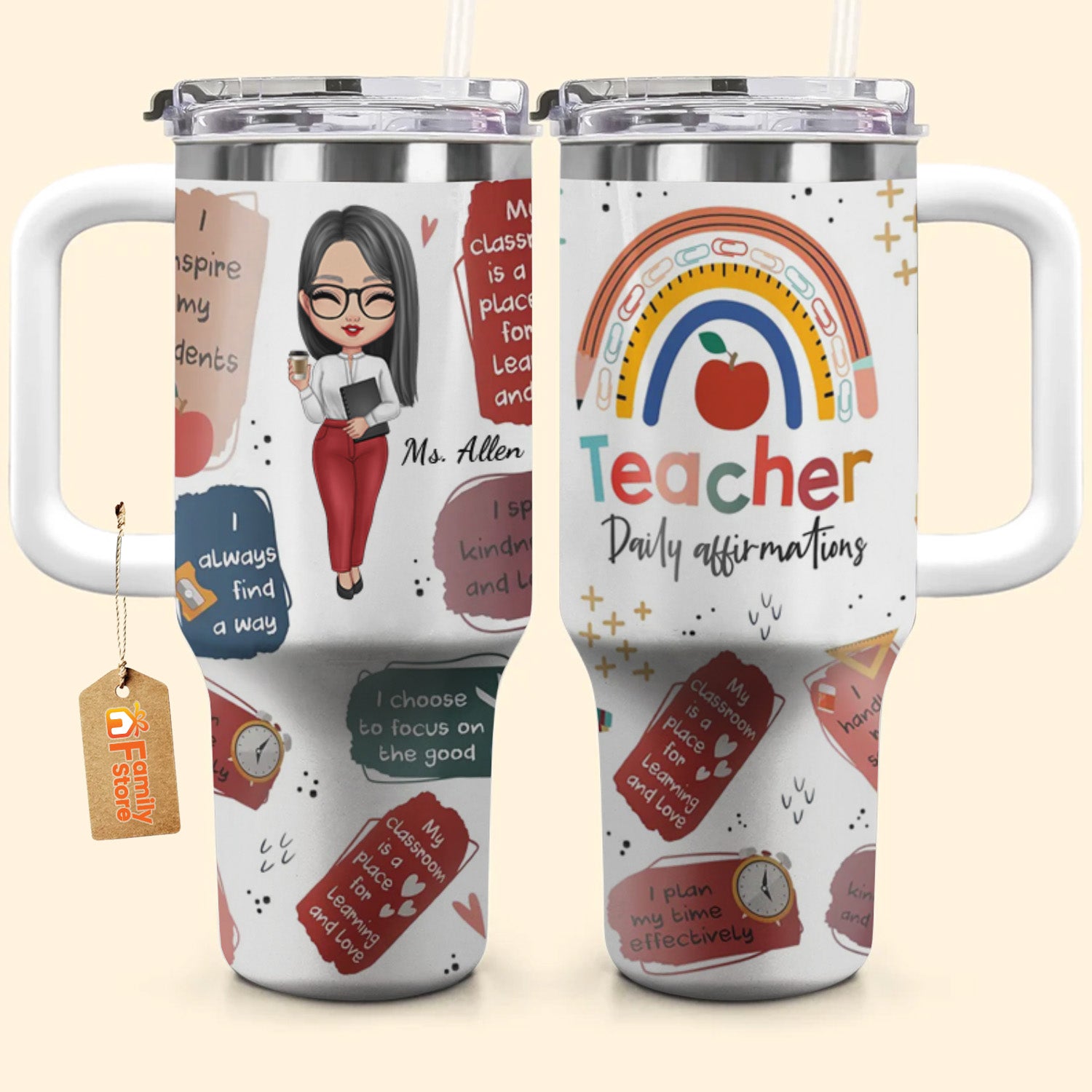 Teacher Daily Affirmations - Personalized Custom Tumbler With Handle - Teacher's Day, Appreciation Gift For Teacher