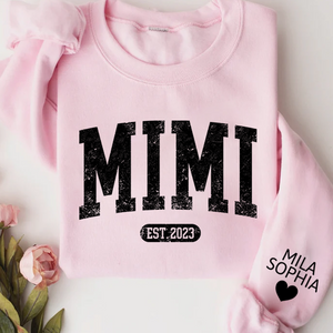 Mimi Est with Granddaughter and Grandson Names - Personalized Sweatshirt With Design On Sleeve - Gift For Grandma, Mom, Wife - NH96