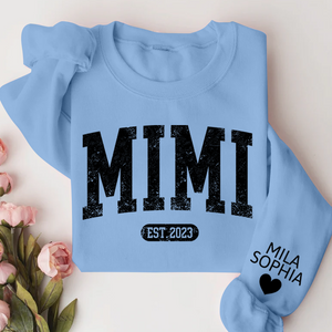 Mimi Est with Granddaughter and Grandson Names - Personalized Sweatshirt With Design On Sleeve - Gift For Grandma, Mom, Wife - NH96